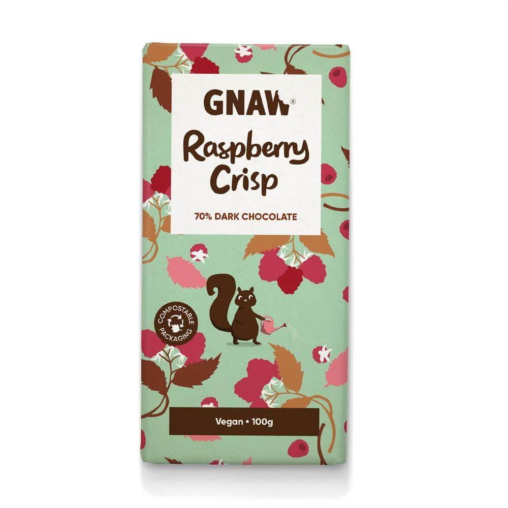 Gnaw Raspberry Crisp Dark Chocolate Bar Vegan 100g
